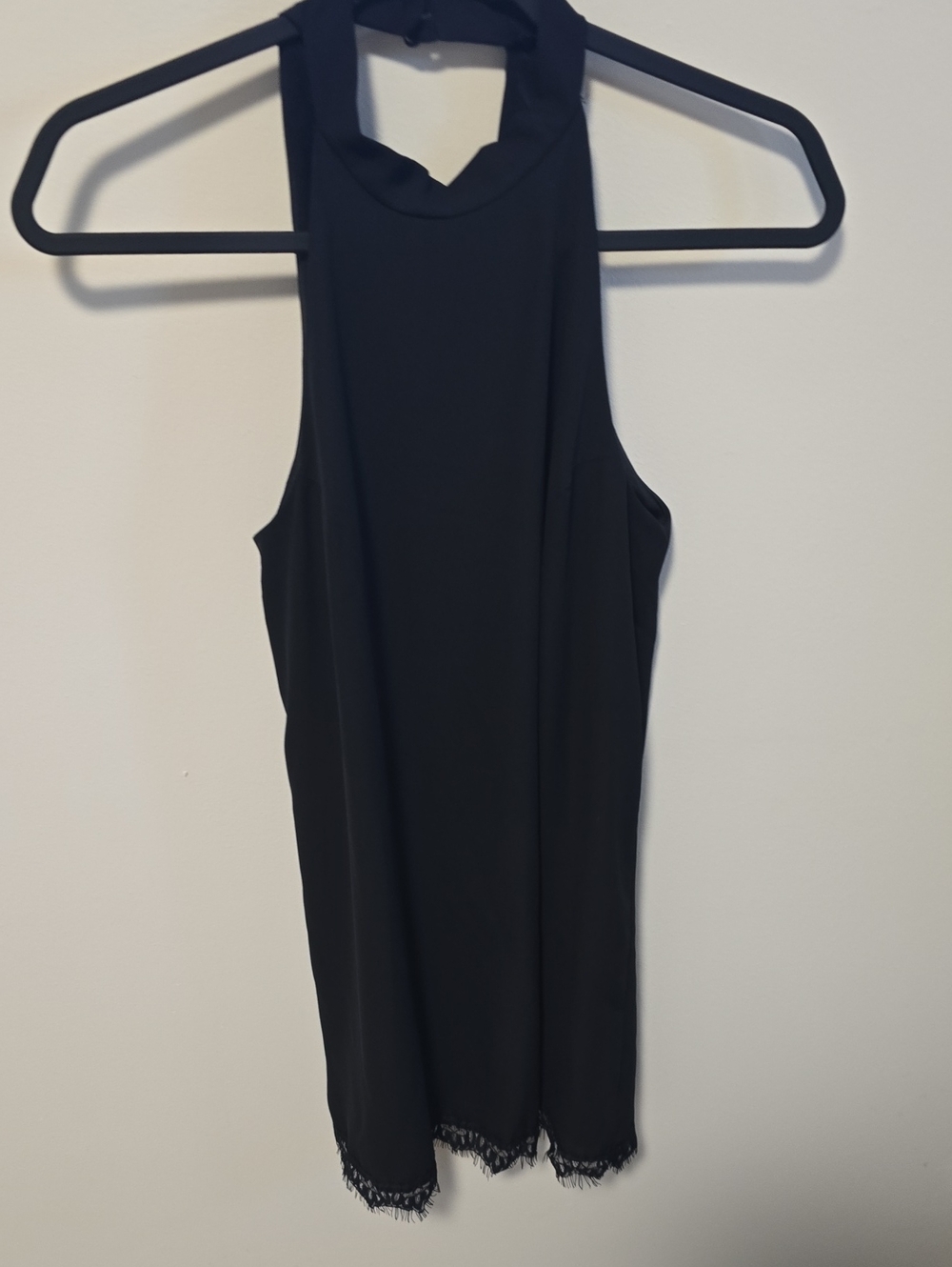 Lulus Black Halter Mock Neck Dress with Eyelash Lace Trim Hem Size Small